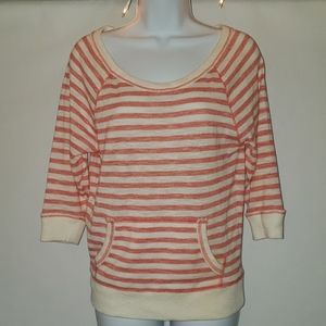 Coral & Cream Stripef Aerie Sweater w/Front Pocket
